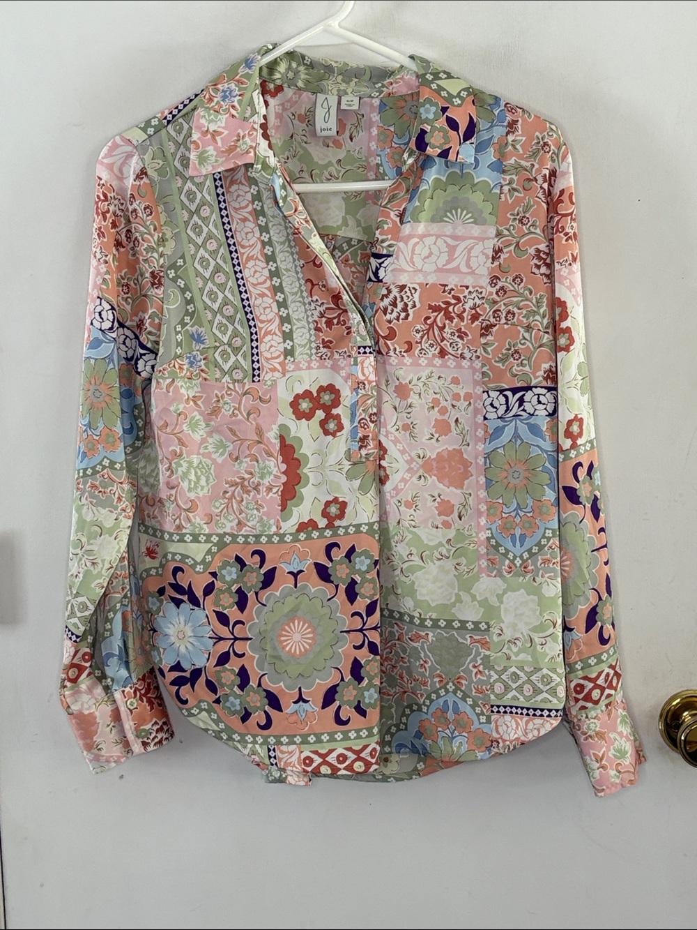 Joie peach sage green floral patchwork print long sleeve tunic blouse Size Small